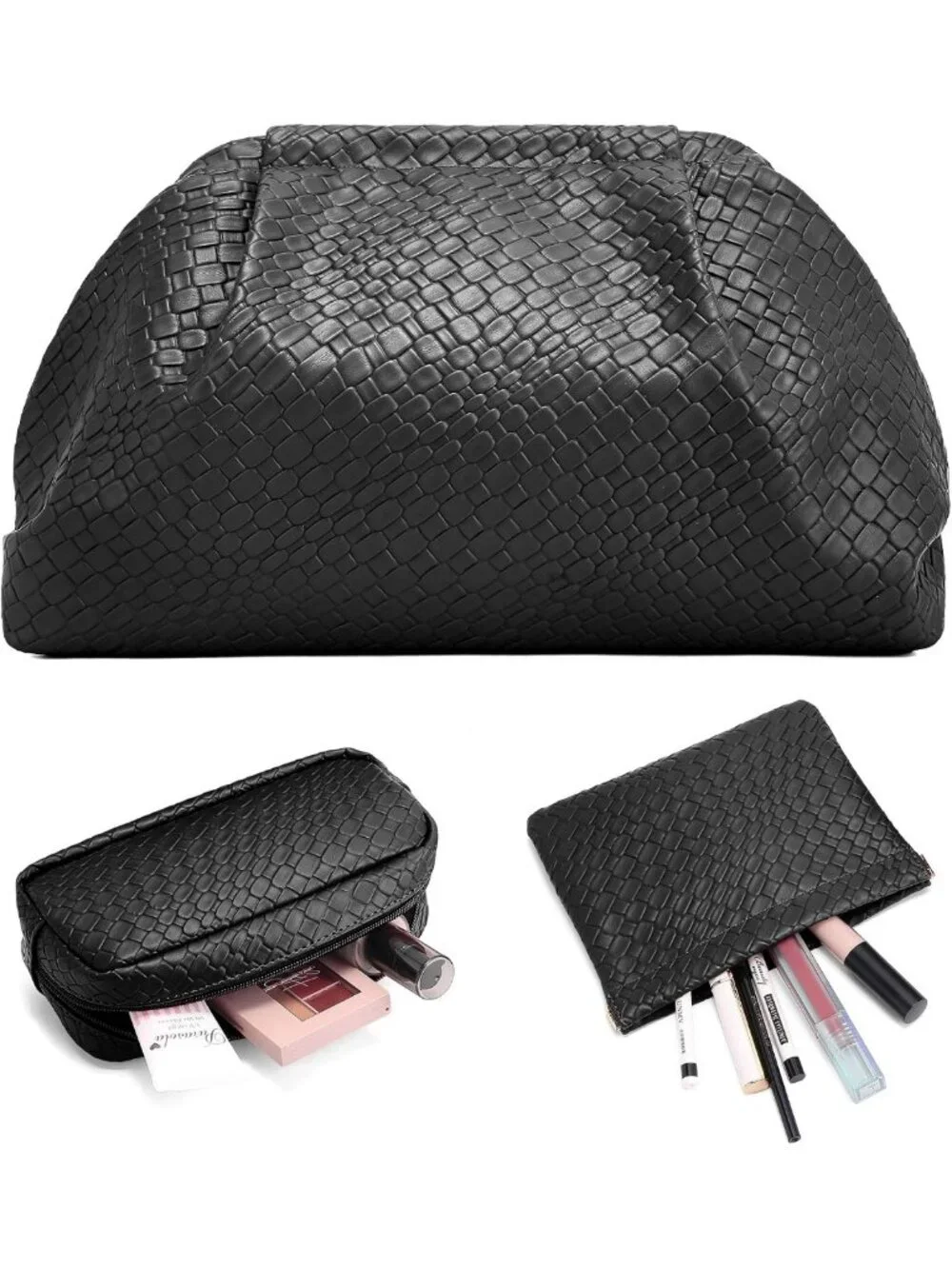 Elegant Woven Vegan Leather Travel Makeup Bag Set - 3 Pcs Compact Organizer for